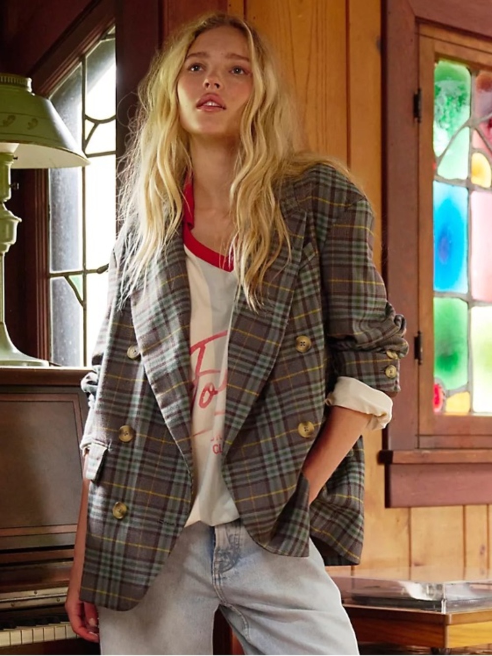 Free People Preppy Dark Academia Dean Double Breasted Blazer Oliver Plaid Small - Picture 16 of 16